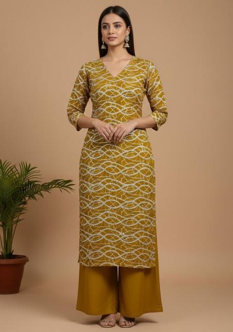 Mustard Printed Georgette Straight Kurta Set