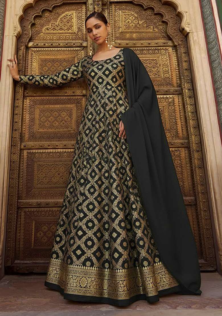 Black Silk Anarkali With Dupatta - Indya