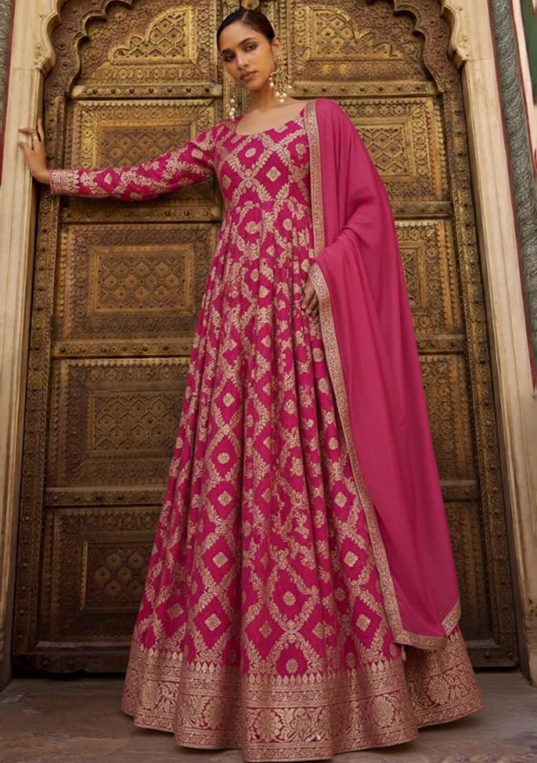 Rani Pink Silk Anarkali With Dupatta - Indya
