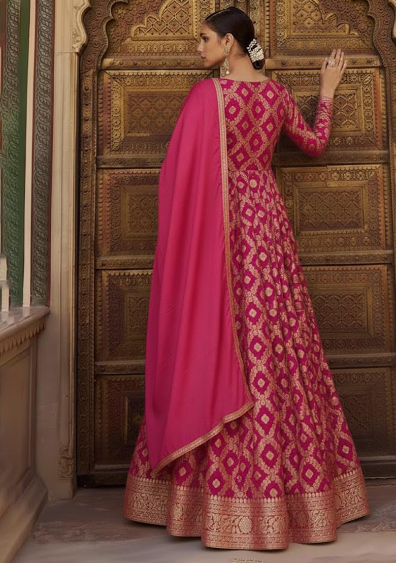 Rani Pink Silk Anarkali With Dupatta - Indya