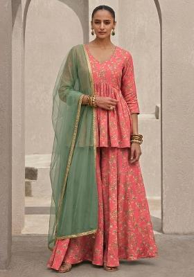 Coral Peach Floral Print Crepe Sharara Set