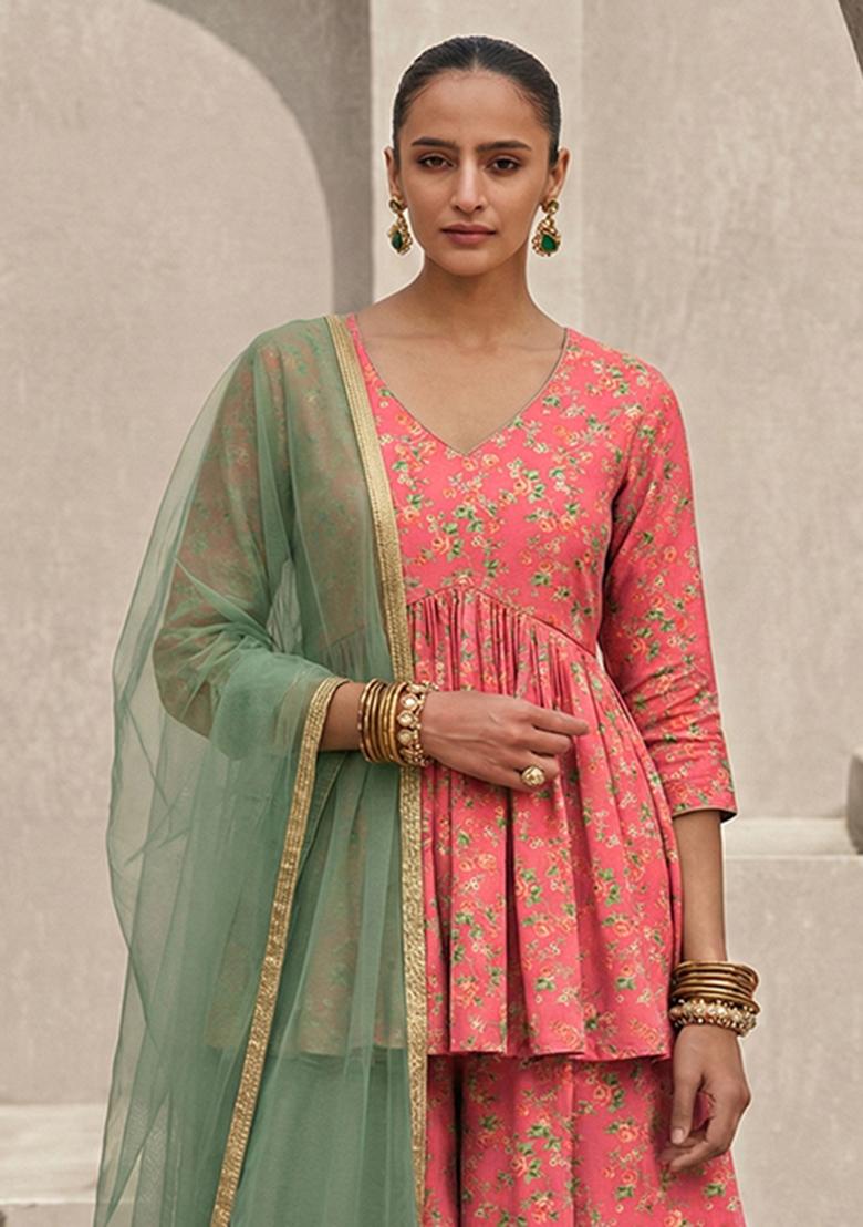 Coral Peach Floral Print Crepe Sharara Set - Indya
