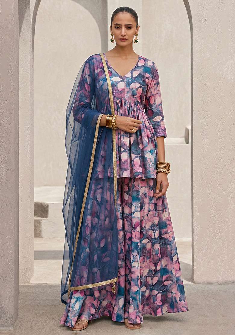 Multicolor Floral Print Crepe Sharara Set - Indya