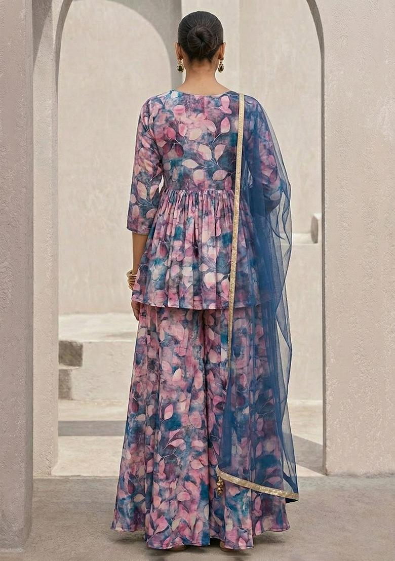 Multicolor Floral Print Crepe Sharara Set - Indya
