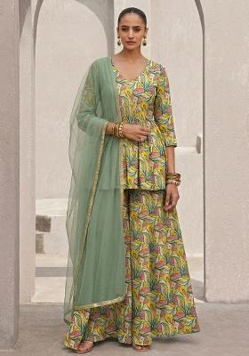Sage Green Floral Print Crepe Sharara Set