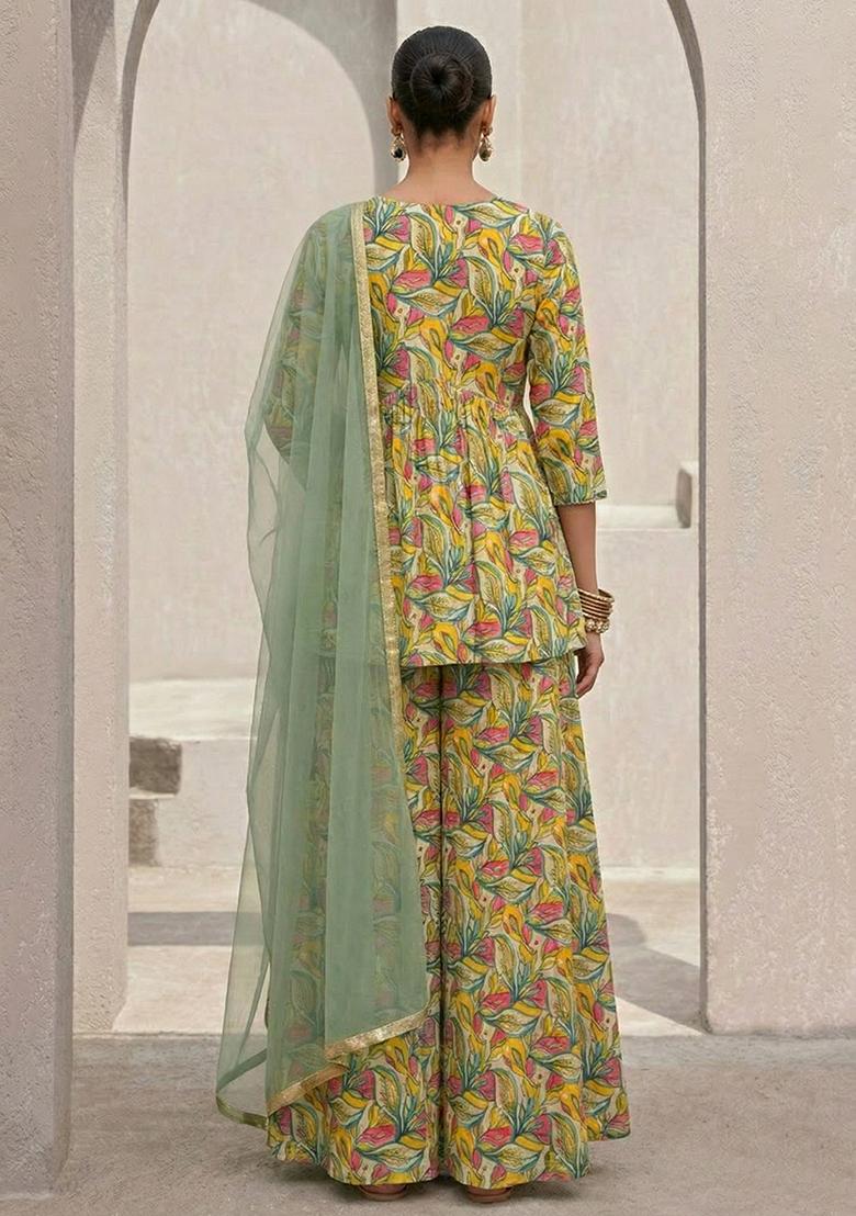 Sage Green Floral Print Crepe Sharara Set - Indya