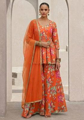 Orange Floral Print Crepe Sharara Set
