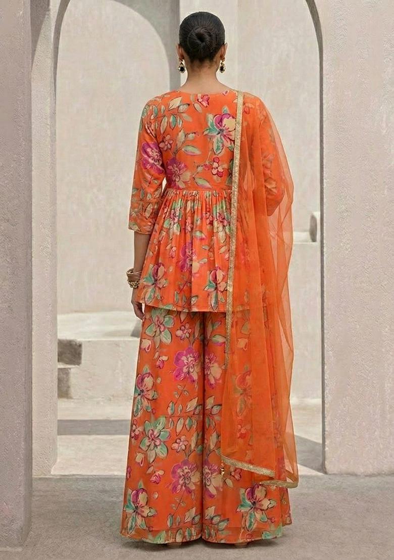 Orange Floral Print Crepe Sharara Set - Indya
