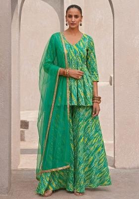 Emerald Green Floral Print Crepe Sharara Set