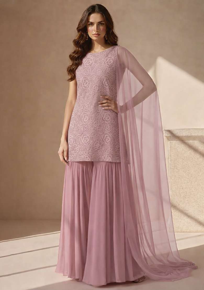 Blush Pink Embroidered Crepe Sharara Set - Indya