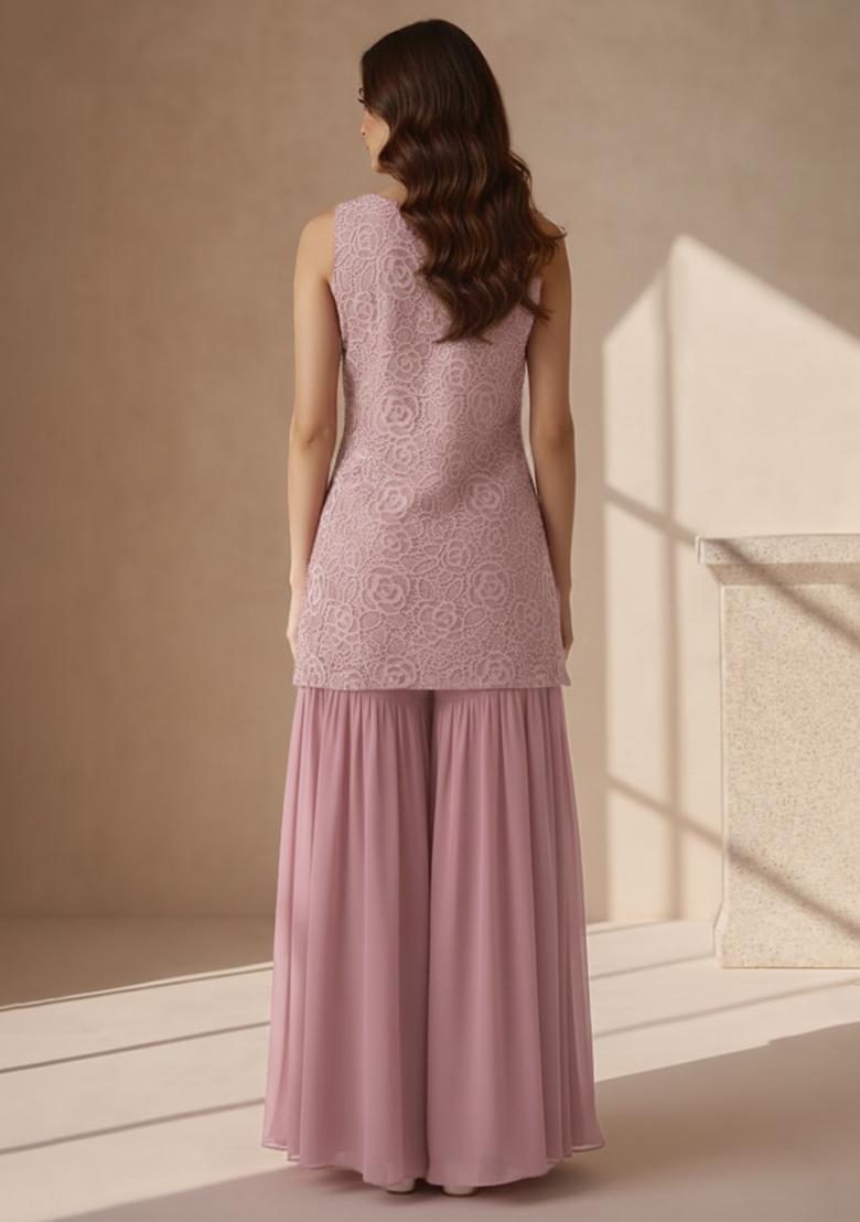 Blush Pink Embroidered Crepe Sharara Set - Indya