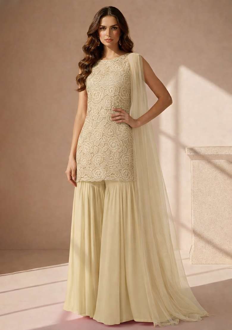 Cream Embroidered Crepe Sharara Set - Indya