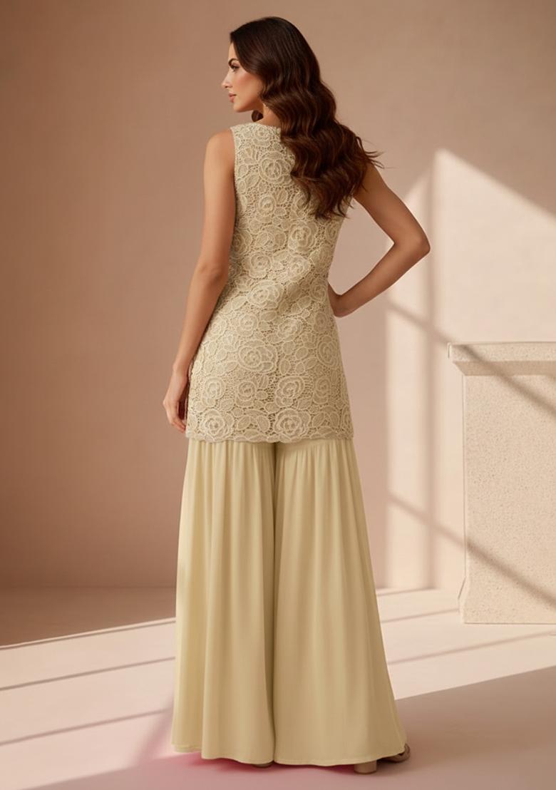 Cream Embroidered Crepe Sharara Set - Indya