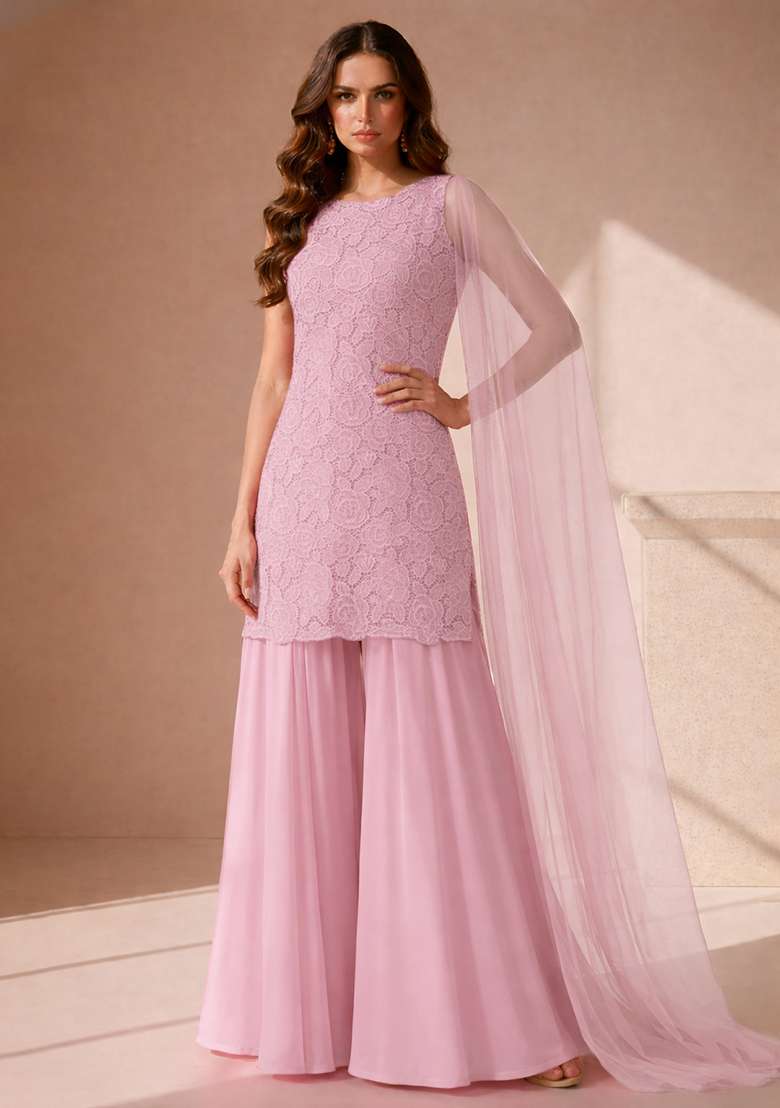 Soft Pink Embroidered Crepe Sharara Set - Indya