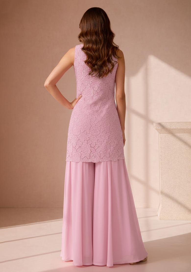 Soft Pink Embroidered Crepe Sharara Set - Indya