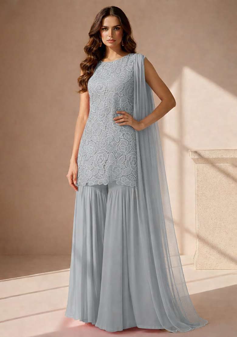 Grey Embroidered Crepe Sharara Set - Indya