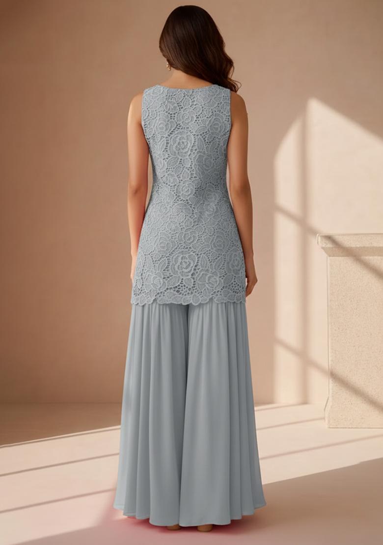 Grey Embroidered Crepe Sharara Set - Indya