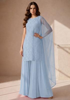 Powder Blue Embroidered Crepe Sharara Set