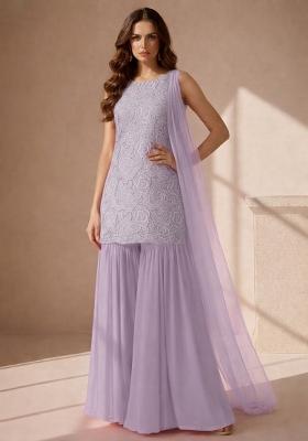 Lavender Embroidered Crepe Sharara Set