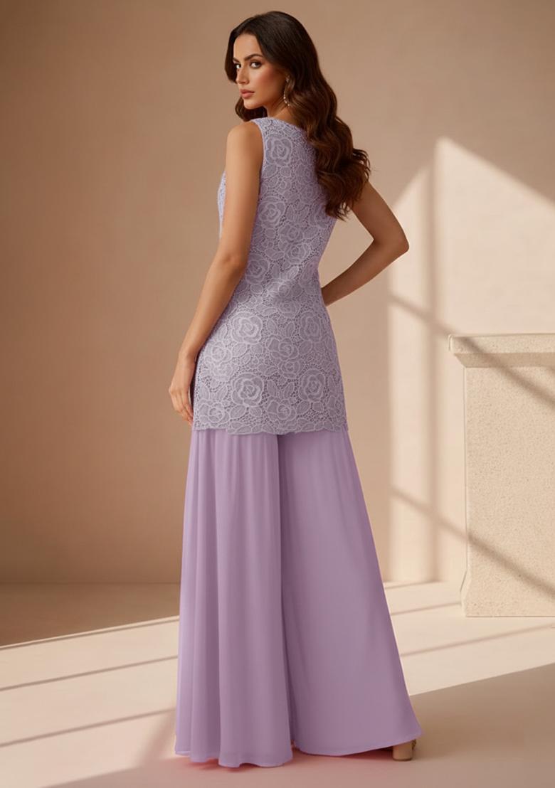 Lavender Embroidered Crepe Sharara Set - Indya