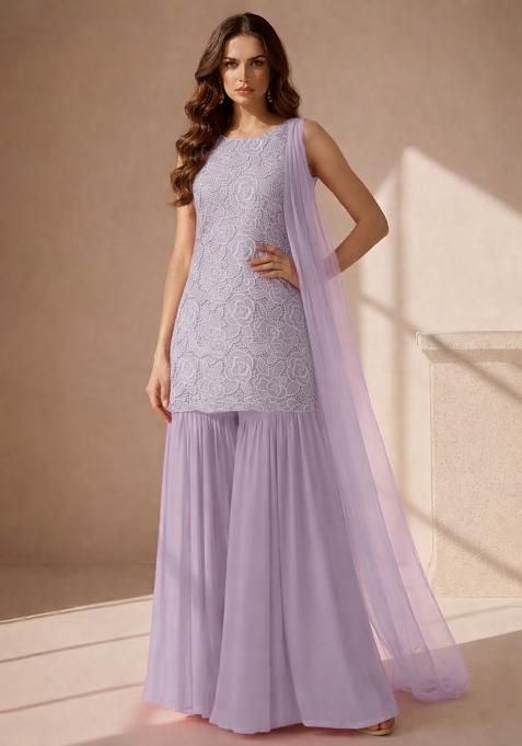 Lavender Embroidered Crepe Sharara Set