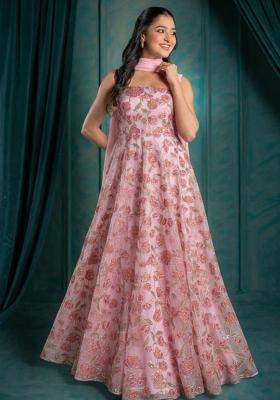 Soft Pink Embroidered Organza Anarkali With Dupatta