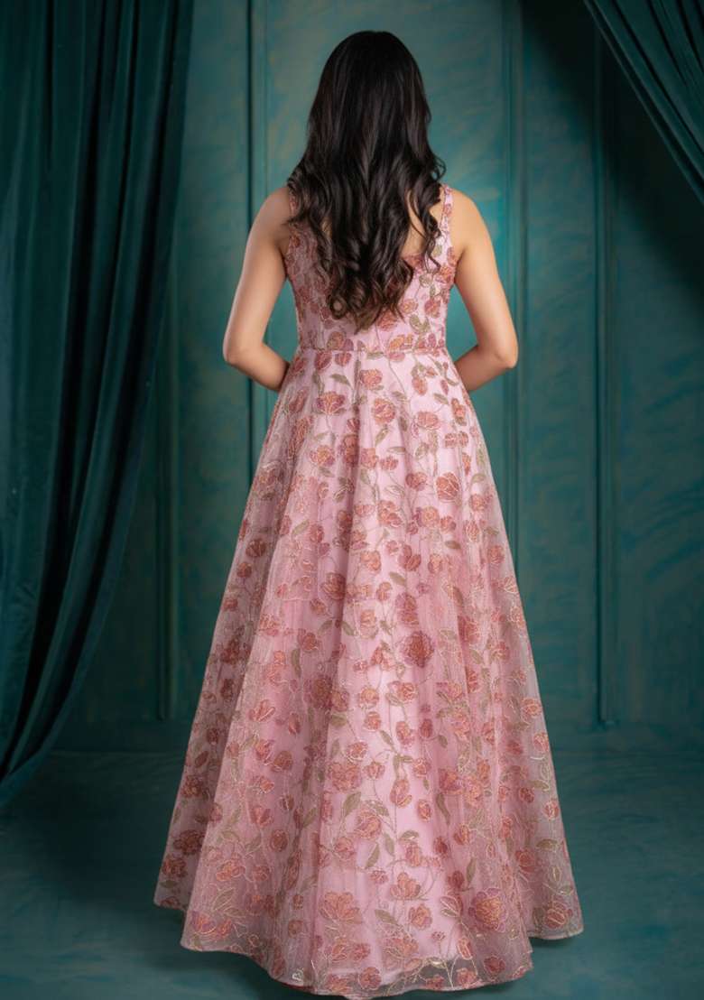 Soft Pink Embroidered Organza Anarkali With Dupatta - Indya