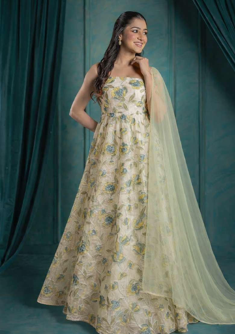 Off White Embroidered Organza Anarkali With Dupatta - Indya