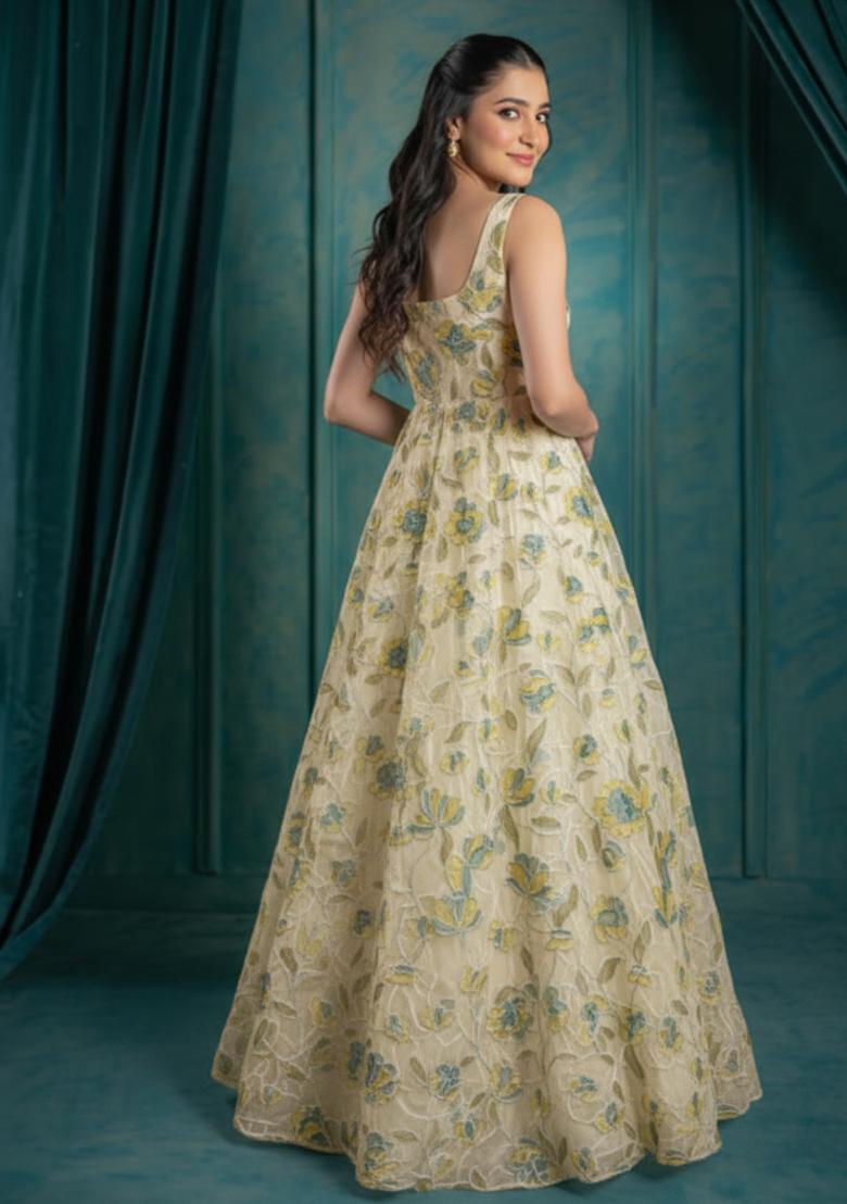 Off White Embroidered Organza Anarkali With Dupatta - Indya