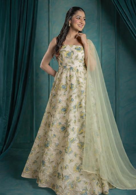 Off White Embroidered Organza Anarkali With Dupatta