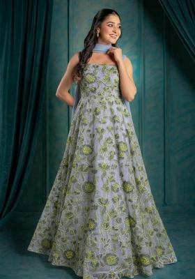 Powder Blue Embroidered Organza Anarkali With Dupatta