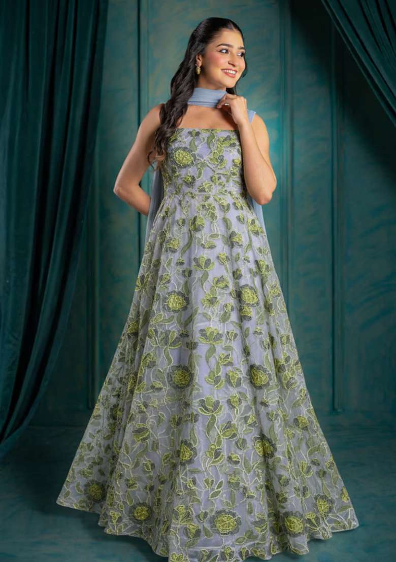 Powder Blue Embroidered Organza Anarkali With Dupatta - Indya
