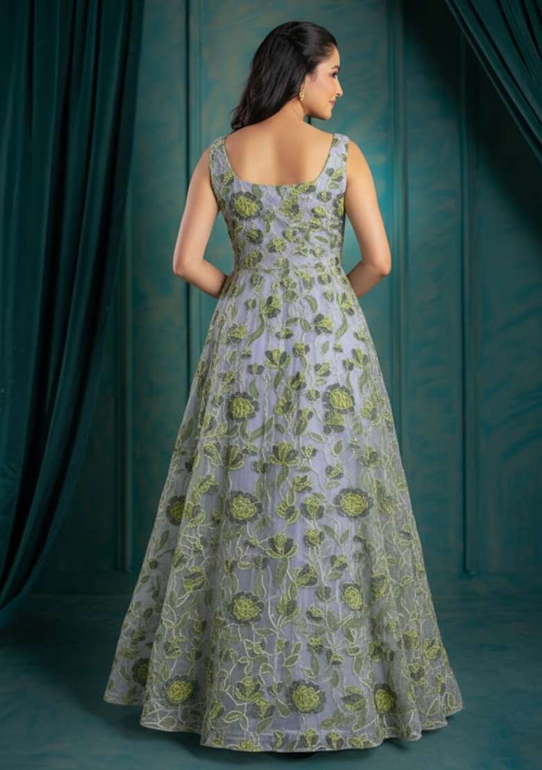 Powder Blue Embroidered Organza Anarkali With Dupatta - Indya