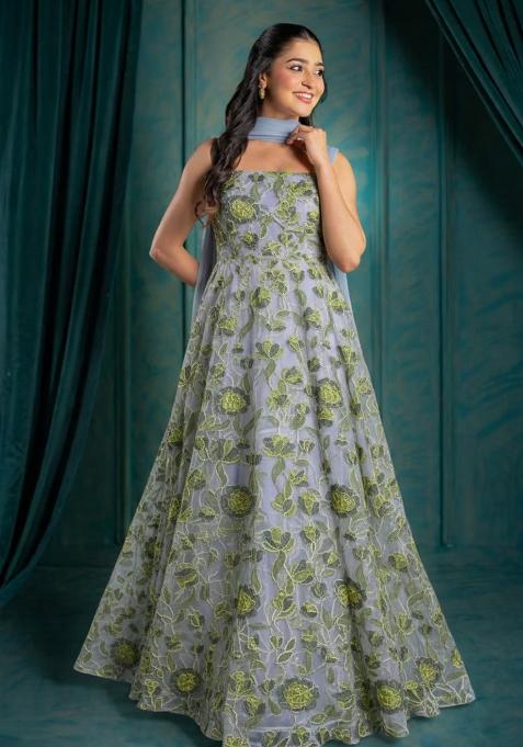 Powder Blue Embroidered Organza Anarkali With Dupatta
