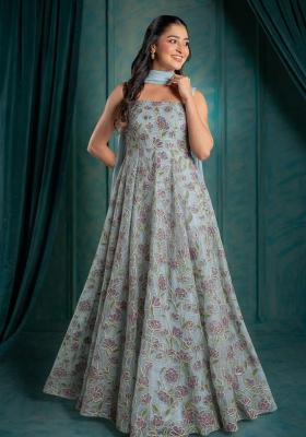 Powder Blue Embroidered Organza Anarkali With Dupatta