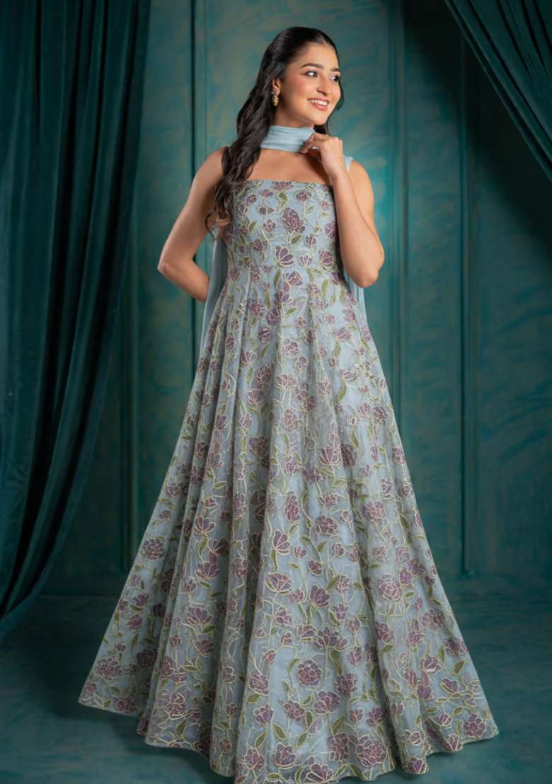 Powder Blue Embroidered Organza Anarkali With Dupatta - Indya