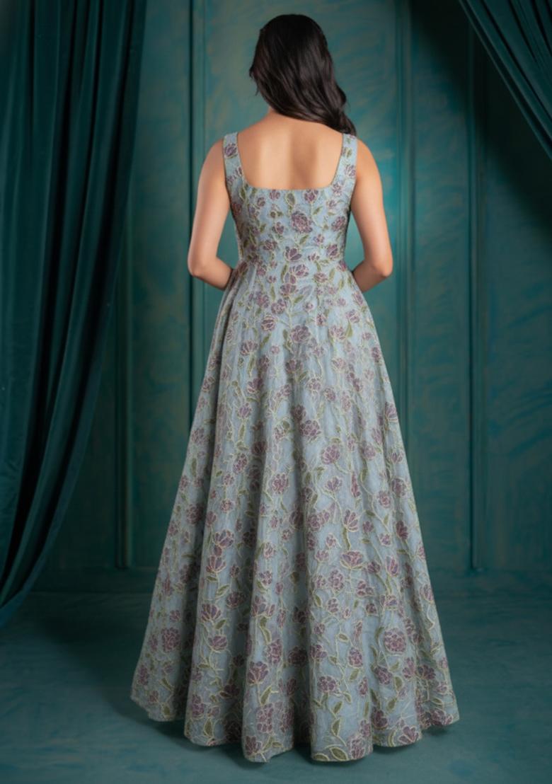 Powder Blue Embroidered Organza Anarkali With Dupatta - Indya