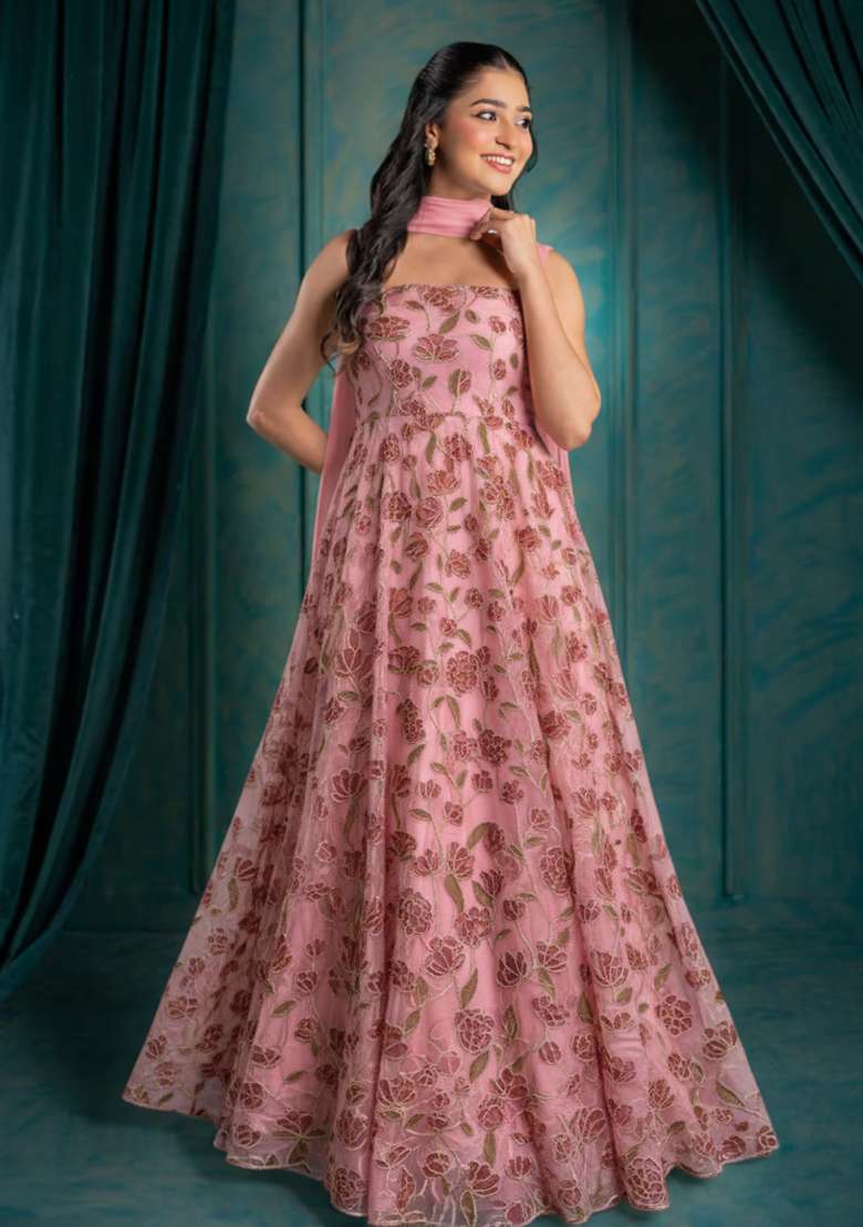 Blush Pink Embroidered Organza Anarkali With Dupatta - Indya