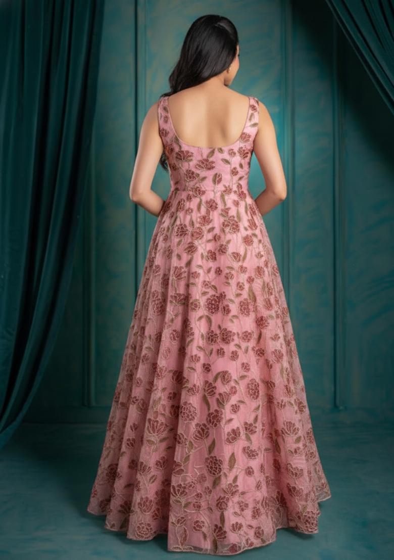 Blush Pink Embroidered Organza Anarkali With Dupatta - Indya