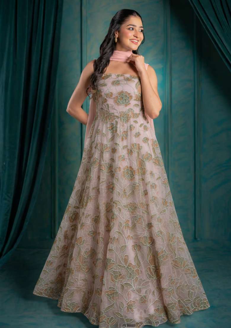 Blush Pink Embroidered Organza Anarkali With Dupatta - Indya