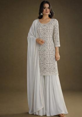 Off White Embroidered Net Sharara Set