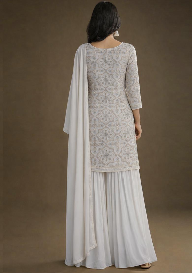 Off White Embroidered Net Sharara Set - Indya