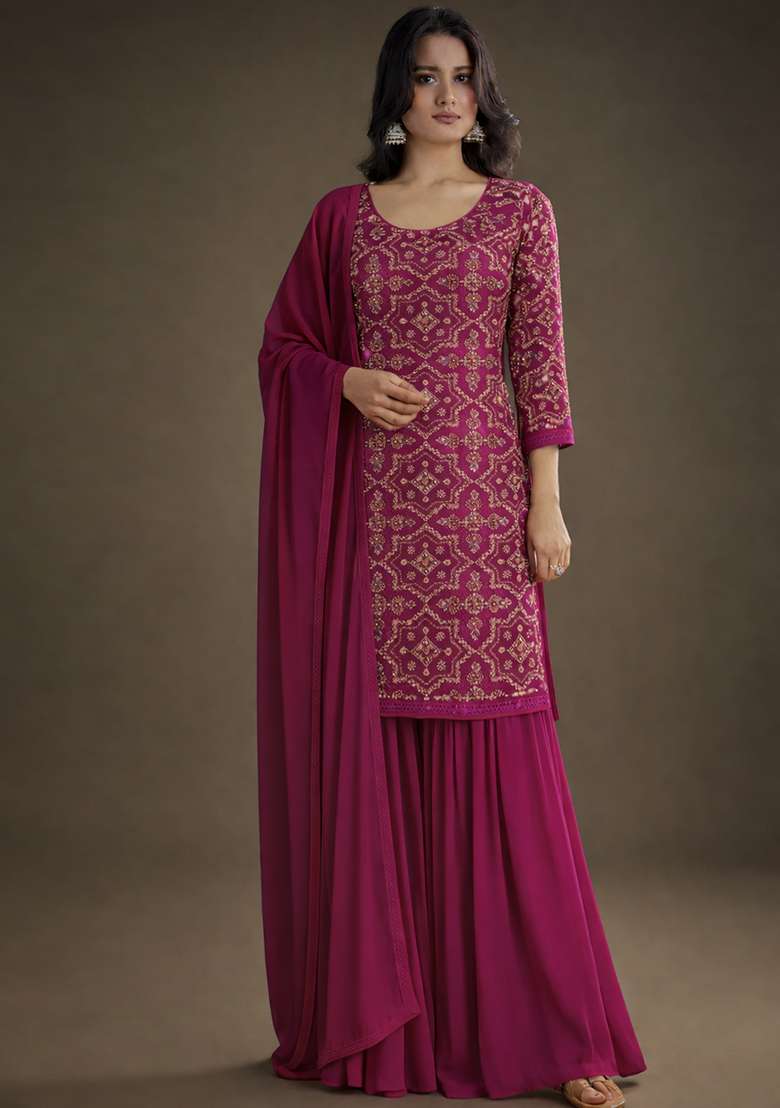 Magenta Embroidered Net Sharara Set - Indya