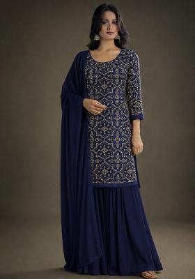 Navy Blue Embroidered Net Sharara Set