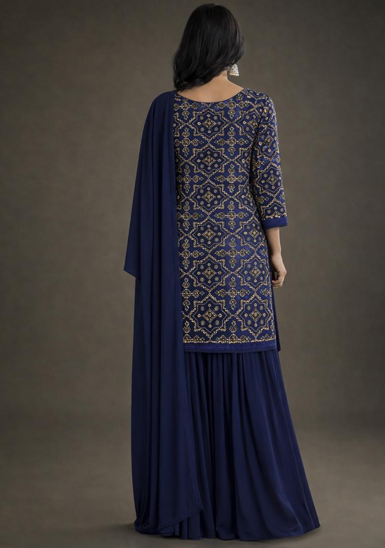 Navy Blue Embroidered Net Sharara Set - Indya