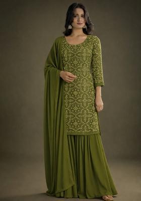 Olive Green Embroidered Net Sharara Set