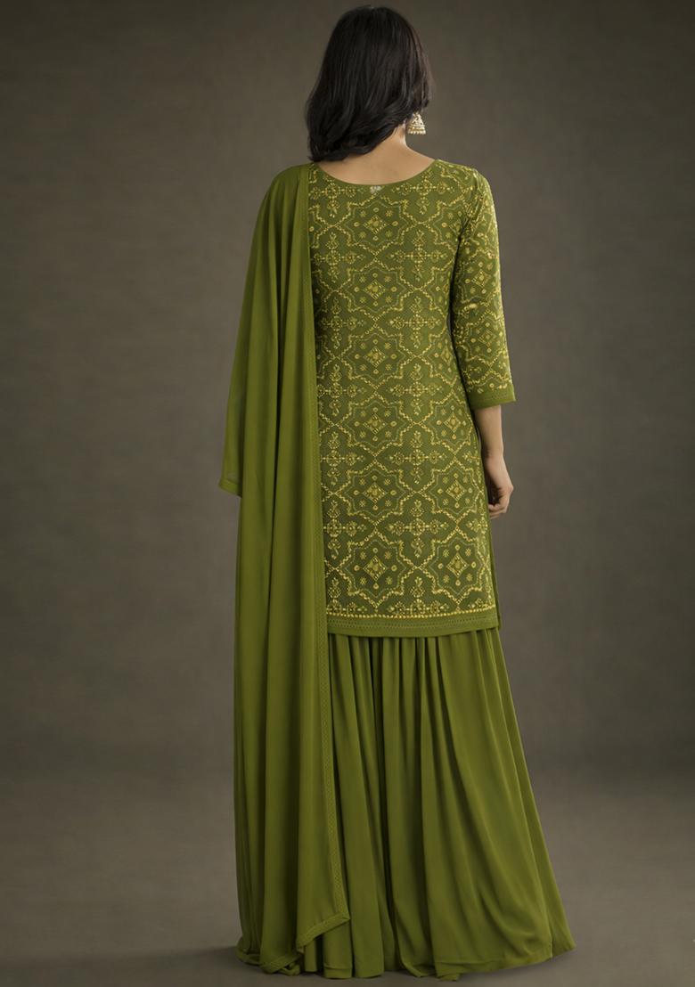 Olive Green Embroidered Net Sharara Set - Indya