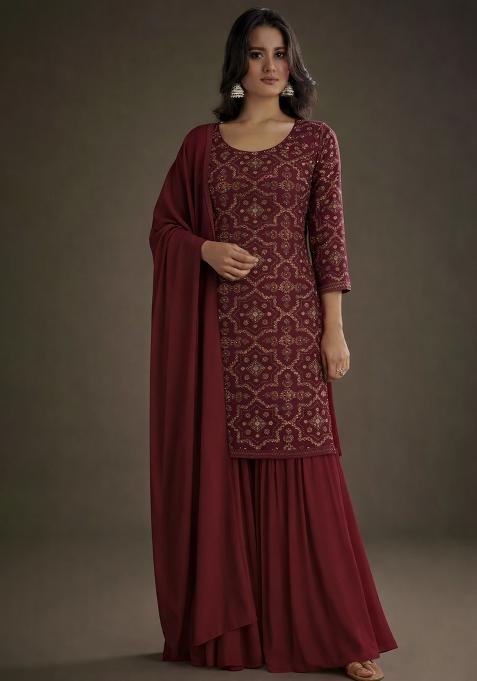 Wine Embroidered Net Sharara Set
