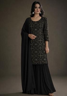 Black Embroidered Net Sharara Set
