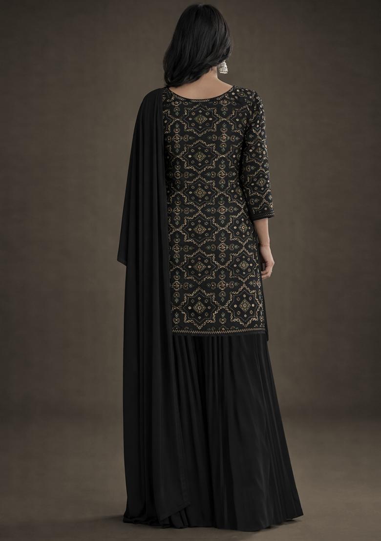 Black Embroidered Net Sharara Set - Indya